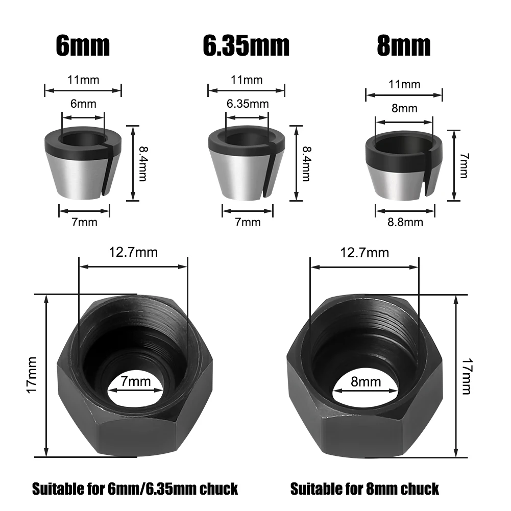 6mm or 6.35mm or 8mm collet chuck with nut Engraving Trimming Machine Electric Router Milling Cutter Accessories