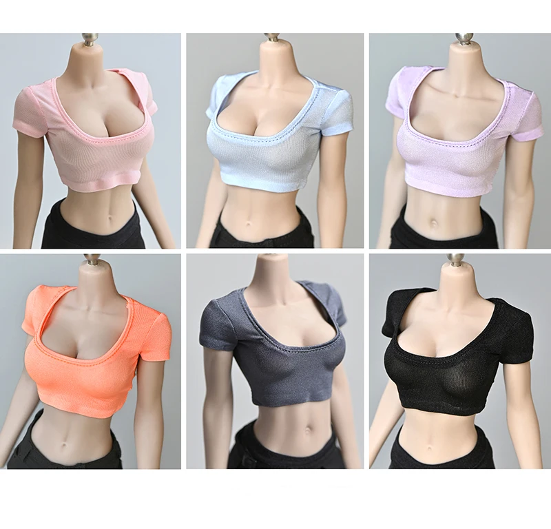 

In Stock 1/6 Scale Female T-shirt Short Sleeve Wide Collar Short Top Fashion Women Clothes Fit 12'' Action Figure Body Doll