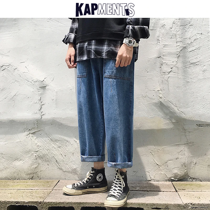 KAPMENTS Mens Solid Pockets Denim Pants 2023 Vintage Hip Hop Male Streetwear Baggy Jeans Harajuku Men Korean Loose Harem Pants