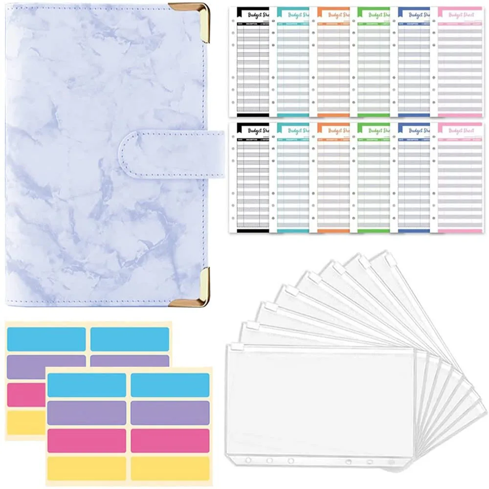 

A6 Marble PU Budget Binder 6-Ring Refillable Folder Cover, with 8 Pcs Binder Envelopes,Expense Budget Sheets and Label Stickers