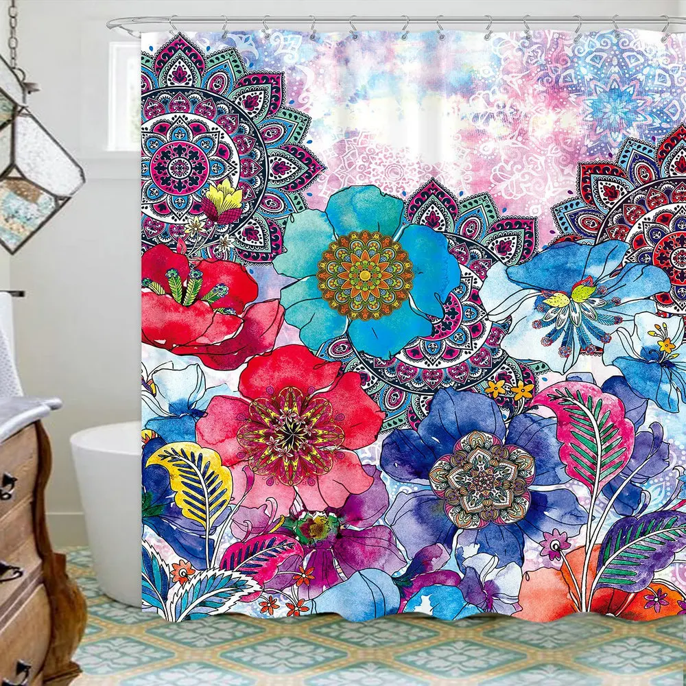 

Boho Floral Shower Curtain Mandala Bohemian Colorful Bright Blossom Flowers Botanical Waterproof Bathroom Curtains Home Decor