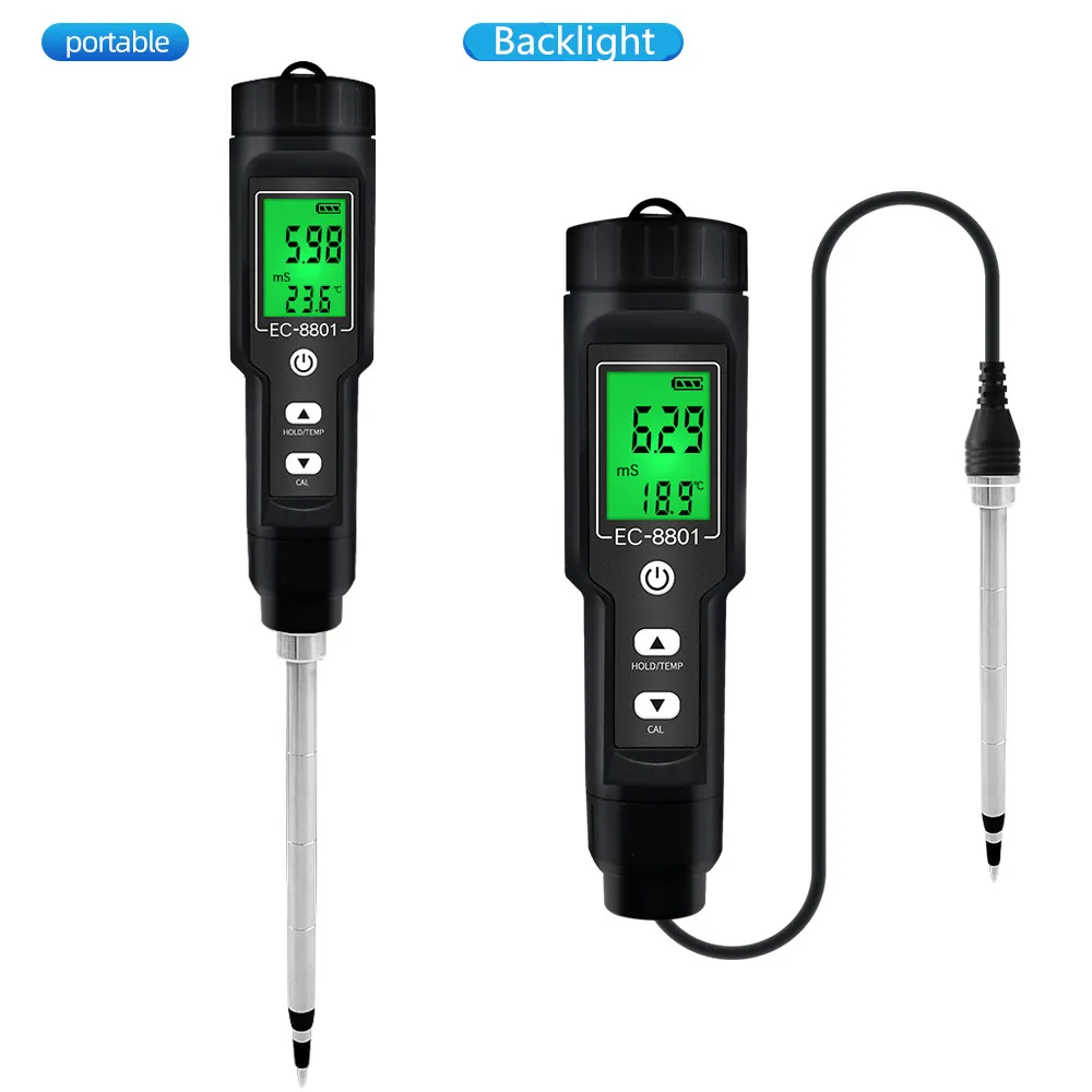 Digital EC/Temp Soil Tester 0.00~10.00mS/cm Conductivity Meter Waterproof Sensor Earth Analyzer with ATC Planting Garden Outdoor