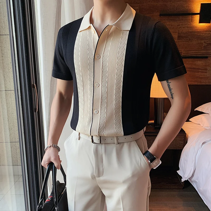 Mixed OL Colors Striped T Shirt Men Summer Thin Short Sleeve Knitting Tops Korean Fashion Office Single Breasted Slim T Shirt