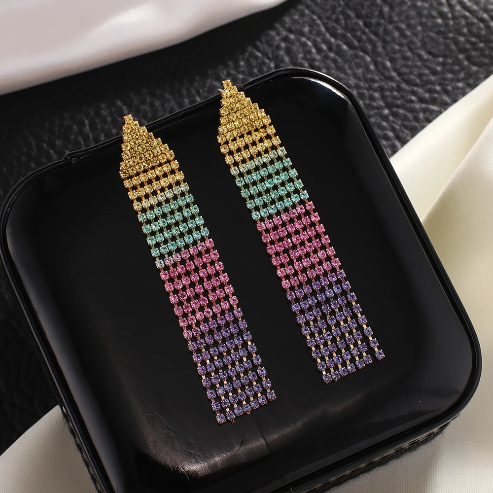 Luxury Shiny Gradient Rhinestone Dangle Drop Earrings for Women Bridal Long Tassel colorful Crystal Earrings Jewelry Gifts E773