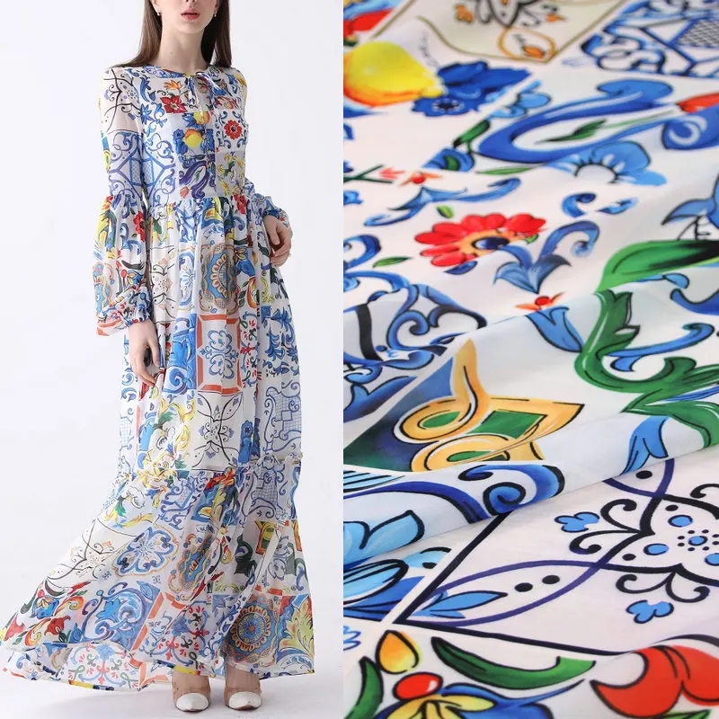 summer thin 100D chiffon fabric sicilian majolica printed soft chiffon tissu cloth chiffon for women long beach dress DIY sewing