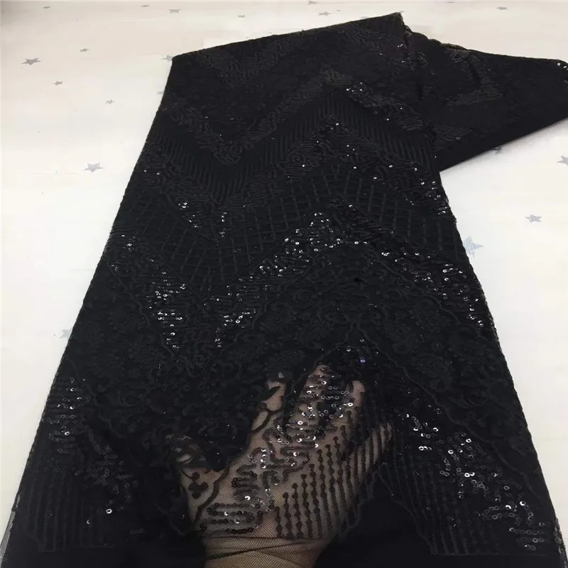 

black Newest Arrival sequins Lace Fabrics African Sequence Lace Fabric High Quality Nigerian Sequins Lace Fabric for Sewing