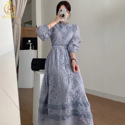 SMTHMA Elegant Women Lace Dress Robe Sweet Hollow Out Slim Full Sleeve Midi Long Dress 2022 New Fashion Spring Party Vestidos