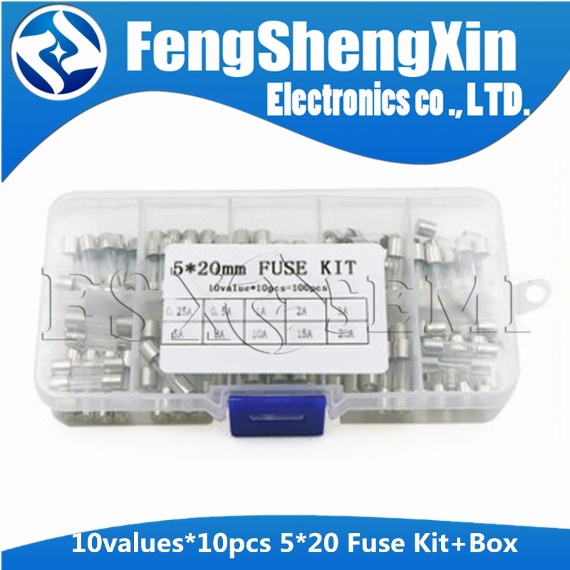 10values x10pcs=100pcs 5x20mm 5*20 Glass fuse 0.25A,0.5A 1A 2A 3A 5A 8A 10A 15A 20A 250V  Quick Blow Glass Tube Fuse Kit +Box