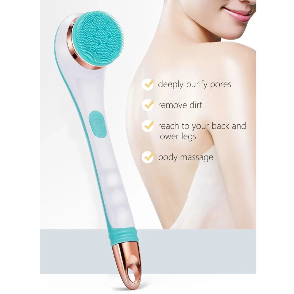 전기 실리콘 목욕 브러시 백 스크러버 4 브러시 헤드 USB 충전식 회전 샤워 마사지, 2 속도 긴 핸들