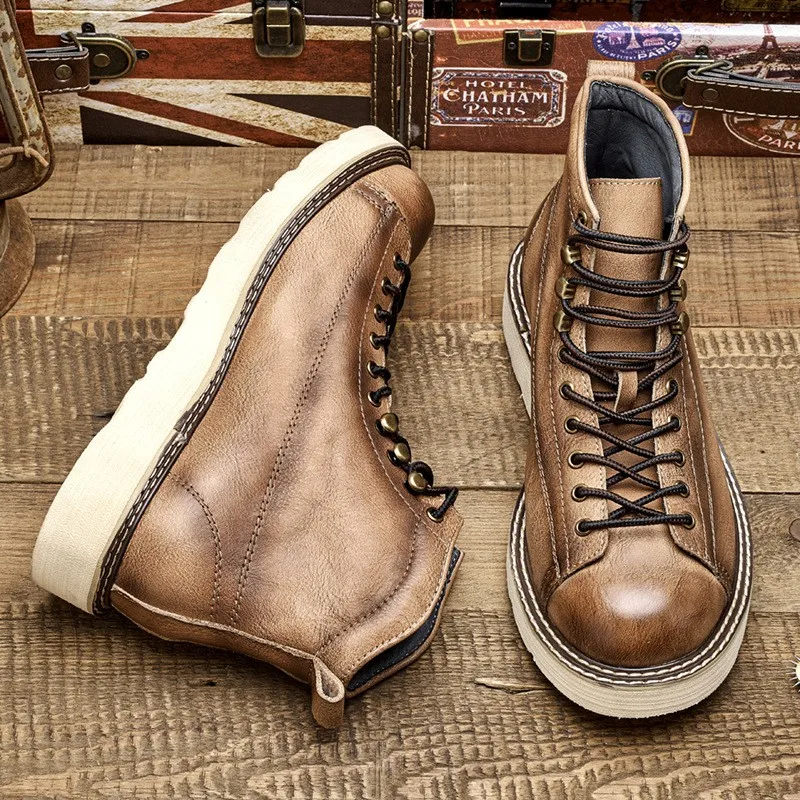 Genuine Leather Ankle Boots Men Lace Up Round Toe Work Safety Shoes Vintage Thick Platform High Top Winter Fleece Lining Boots