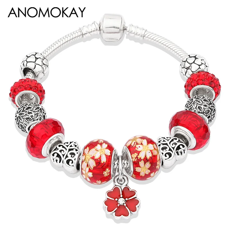 Casual Red Flower Bead Bracelet with Charms Silver Plated Heart Bead Bracelet Handmade Diy Jewelry for Wedding Hand Decoration