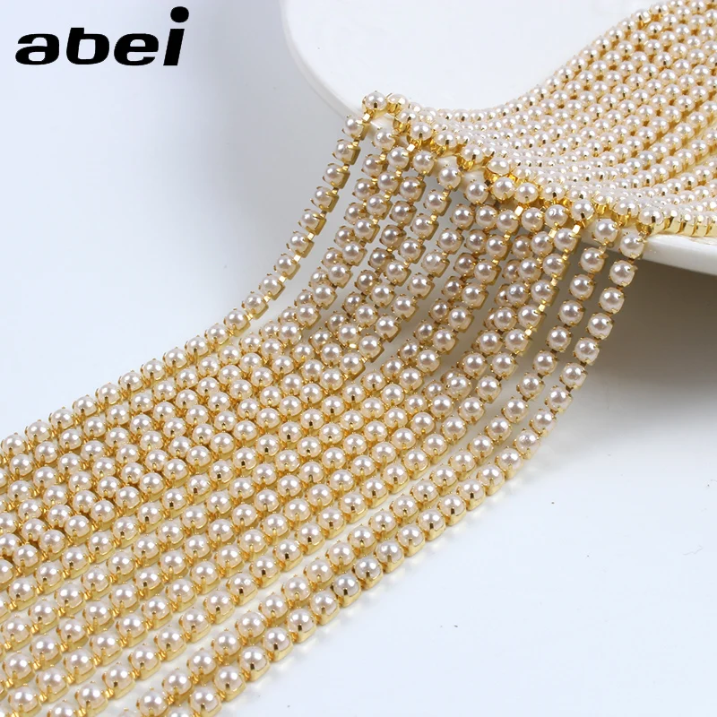 2Yards 2mm Pearl Beads Rainstones Chain Claw Ribbon Tape Sewing Trims DIY Jewelry Findings Handmade Wedding Party Craft Decors