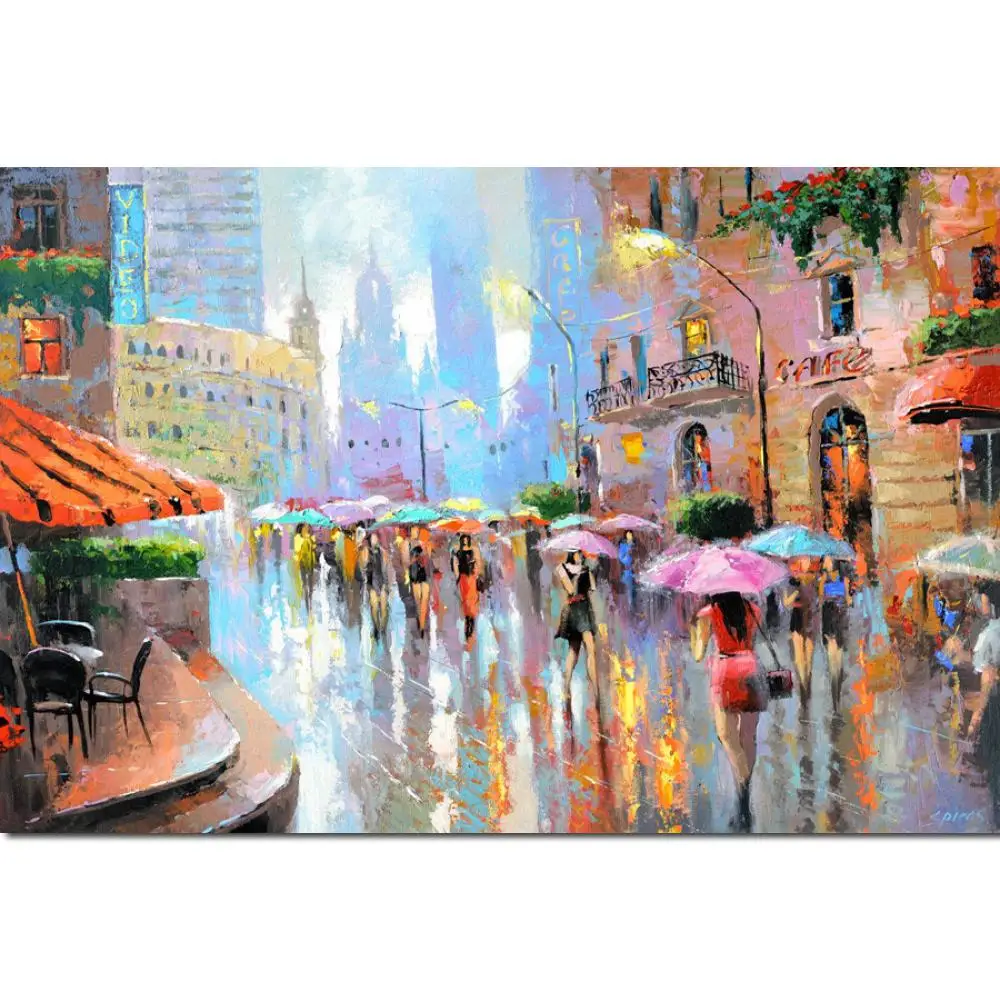 

Hand Painted Canvas Art Paintings Streetscape Raining London Impression Landscape Oil Artwork Colorful Modern Wall Decor Gift