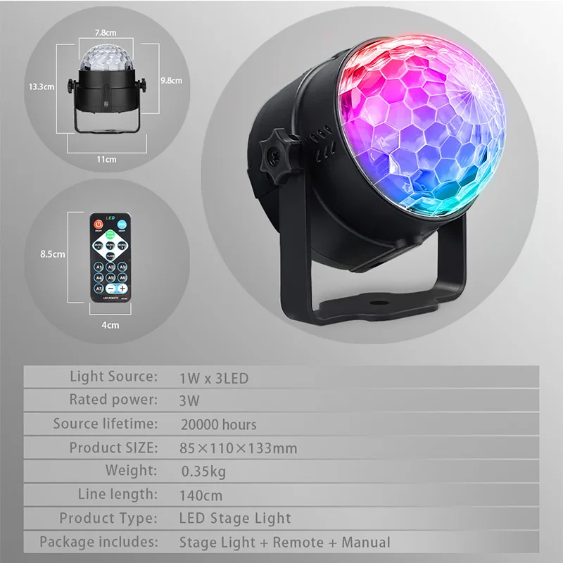 Mini  LED Stage Light 3W LED RGB Crystal Magic Ball With Remote Control Party Light for KTV Disco Bar US/EU/UK/AU Plug