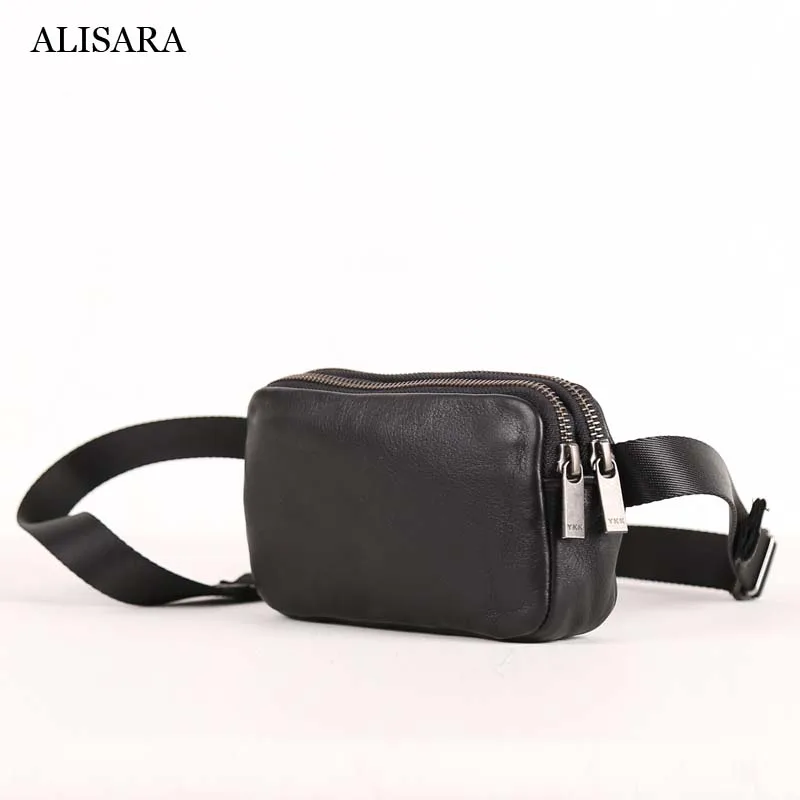 

Chest Bag First Layer Cow Leather Casual Double Zipper Waist Packs Unisex Travel Small Messenger Bags Cell Phone Satchels