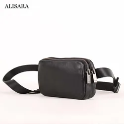 Chest Bag First Layer Cow Leather Casual Double Zipper Waist Packs Unisex Travel Small Messenger Bags Cell Phone Satchels