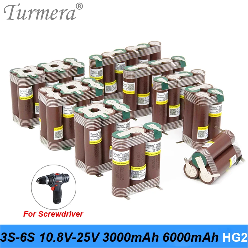 Turmera 3S 4S 5S 6S 18650 HG2 3000mAh 6000mAh 30A Lithium Battery Soldering  for 10.8V 12V 16.8V 18V 21V 25V Screwdriver Battery