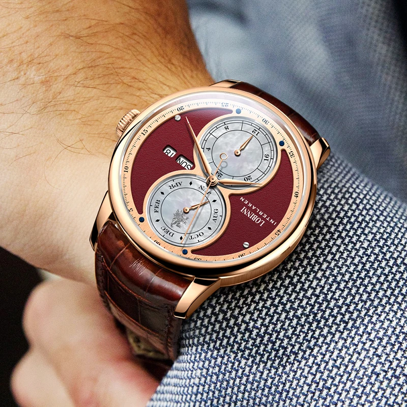LOBINNI Calendario multifunzione Orologi da uomo Movimento a gabbiano Orologi meccanici automatici da uomo Orologio impermeabile in vetro zaffiro