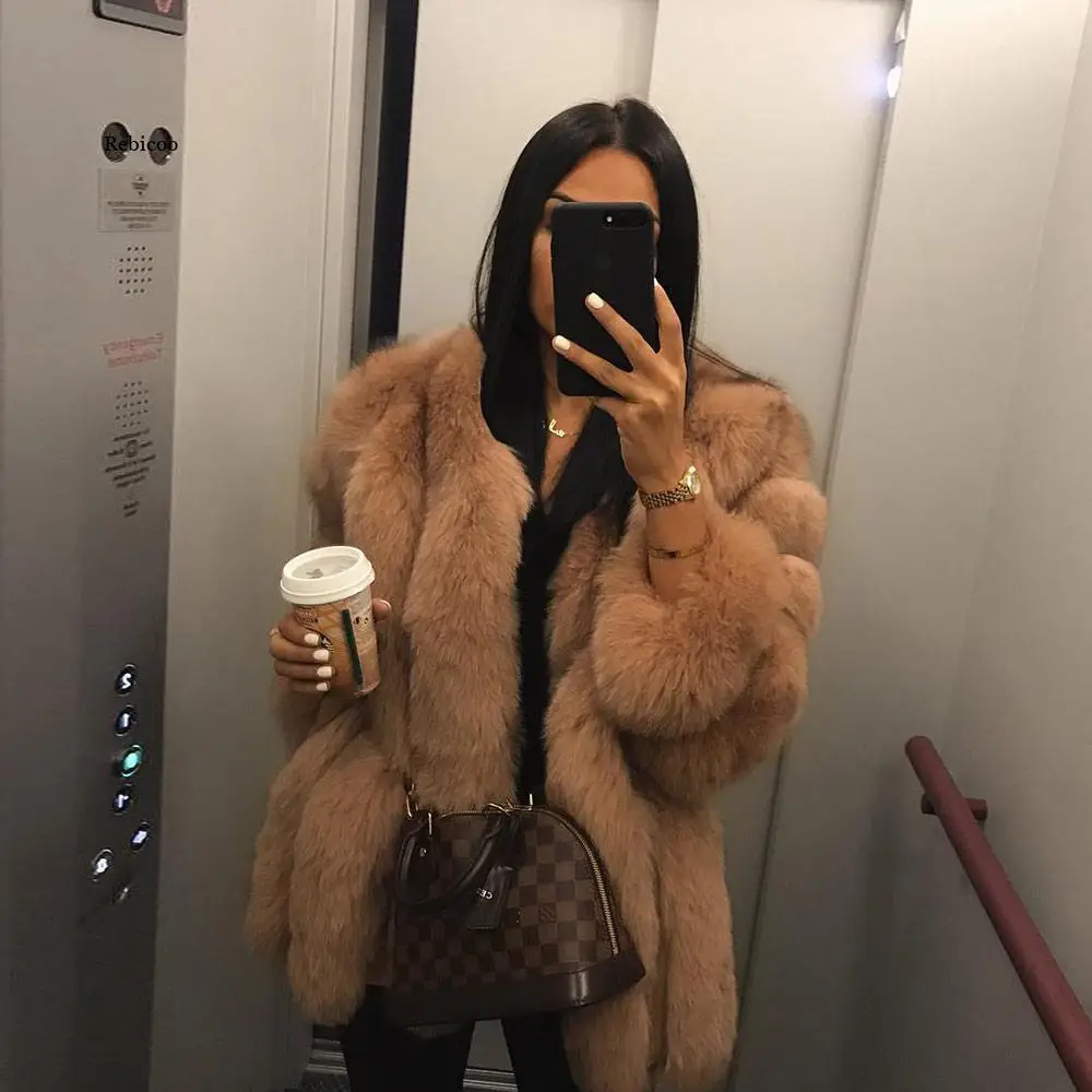 Luxury Faux Fox Fur Coat Women  Fluffy Collar Women\'s Warm Coat Winter Thick Long-Sleeved Clothes Plush Thick Outwear