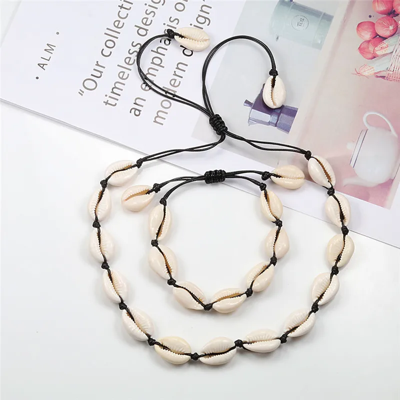Natural Cowrie Shell Bracelet Necklace Set For Women Handmade Woven Boho Hawaii Beach Shell Adjustable Choker Girl Festival Gift