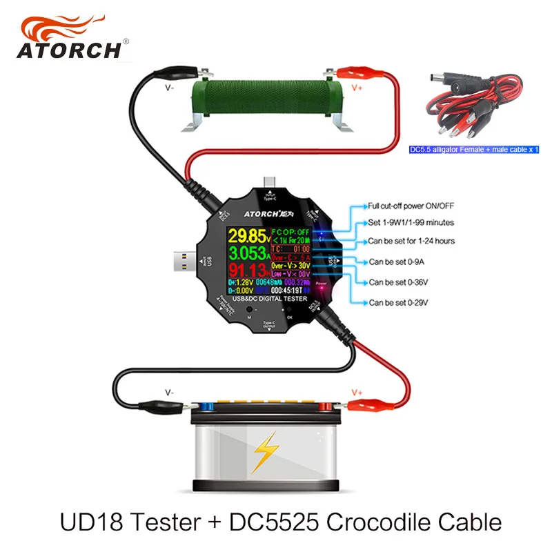 USB tester dc digital voltmeter amp voltage current meter ammeter USB3.0 18 in 1 detector power bank charger +DC Crocodile clip