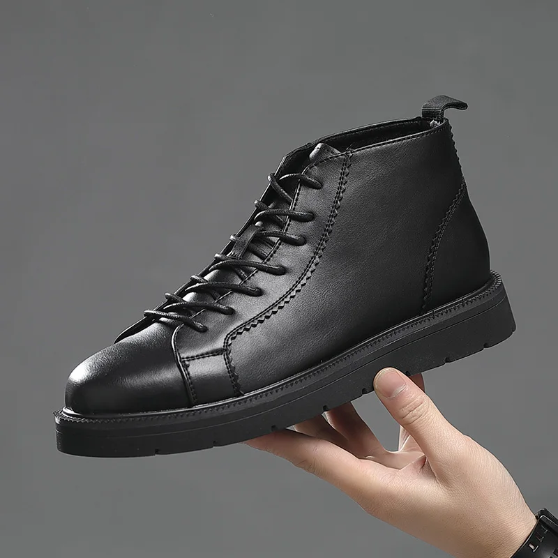 New Spring Autumn High Quality Men Casual Shoes Black Round Toe Real Leather Ankle Boots Soft Tooling Lace-Up British Boots