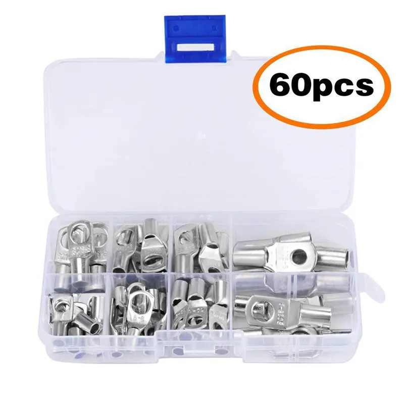 60Pcs SC Bare Terminals lug Tinned Copper Tube Lug Ring Seal Battery Wire Connectors Bare Cable Crimped/Soldered Terminal Kit