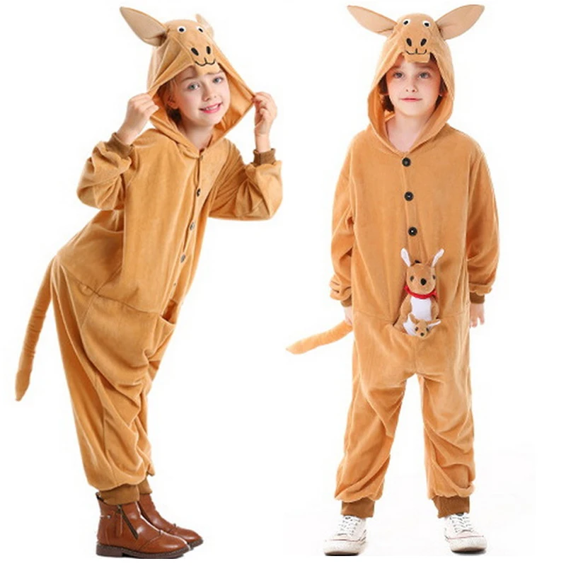 Children Cute Cartoon Jumpsuit Girls Boy Halloween Animal Kangaroo Hooded Costume And Kangaroo Figurine Set