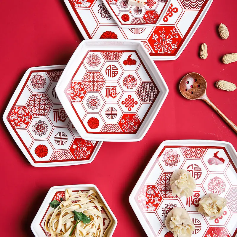 

Декоративная тарелка на китайский Новый год и Весенний фестиваль, керамическая обеденная тарелка, Кит, суповая миска и посуда для костей, посуда