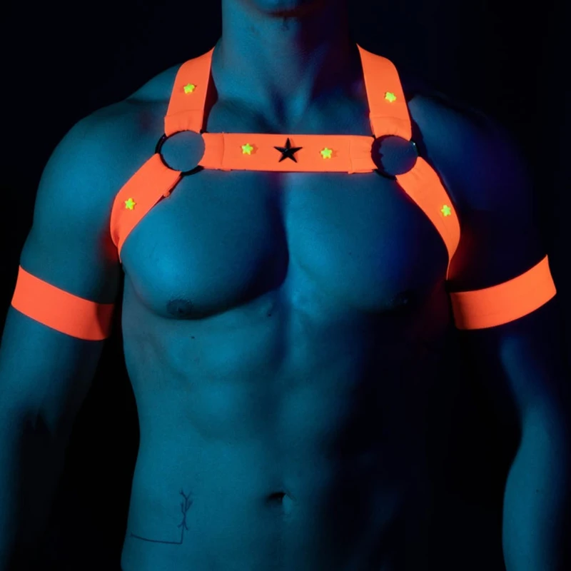 Fluorescent Color Men Elastic Shoulder Harness Fitness Band Hollow Straps Chest Strap Burning Man Stage Accessories XS3490