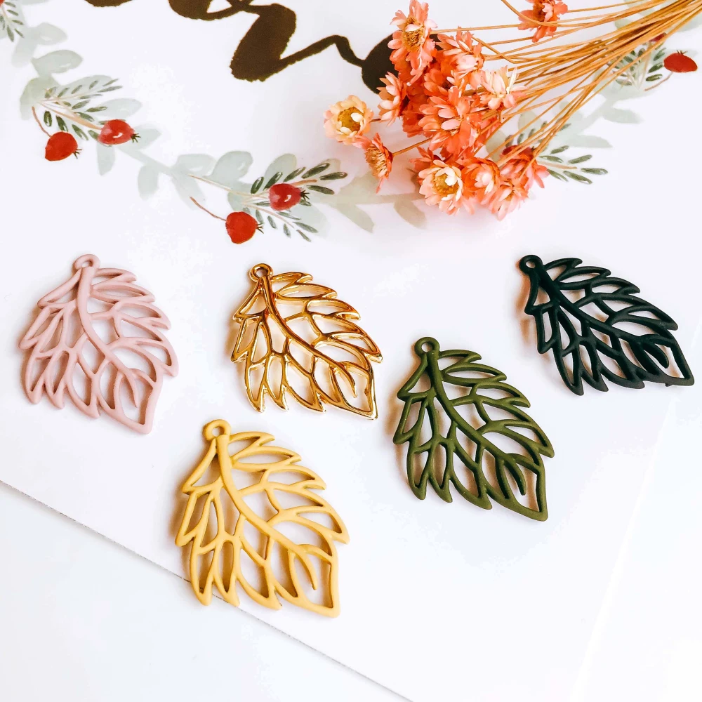 Multicolors Hollow Leaves Shape Earring Accessories Necklace Pendant Charms Supplies for Jewelry supplies Diy Material 6pcs