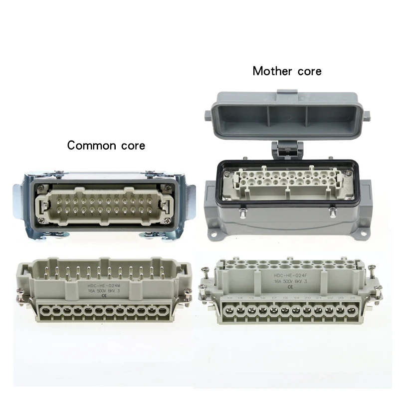 Rectangular Heavy Duty Connector HDC-HE Waterproof Aviation Industry  6/10/16/24 core pins Plug Socket with cover 16A 500V