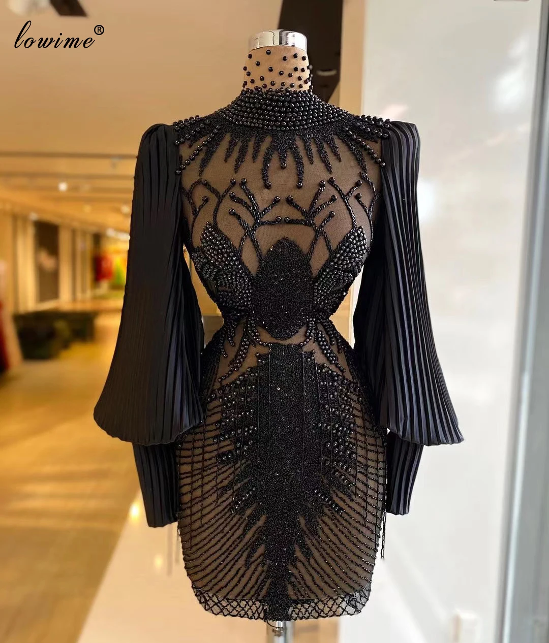 Vintage Black Pearls Celebrity Dresses Long Sleeves Beading Prom Dresses For Women Short Runaway Dresses Evening Gowns For Women