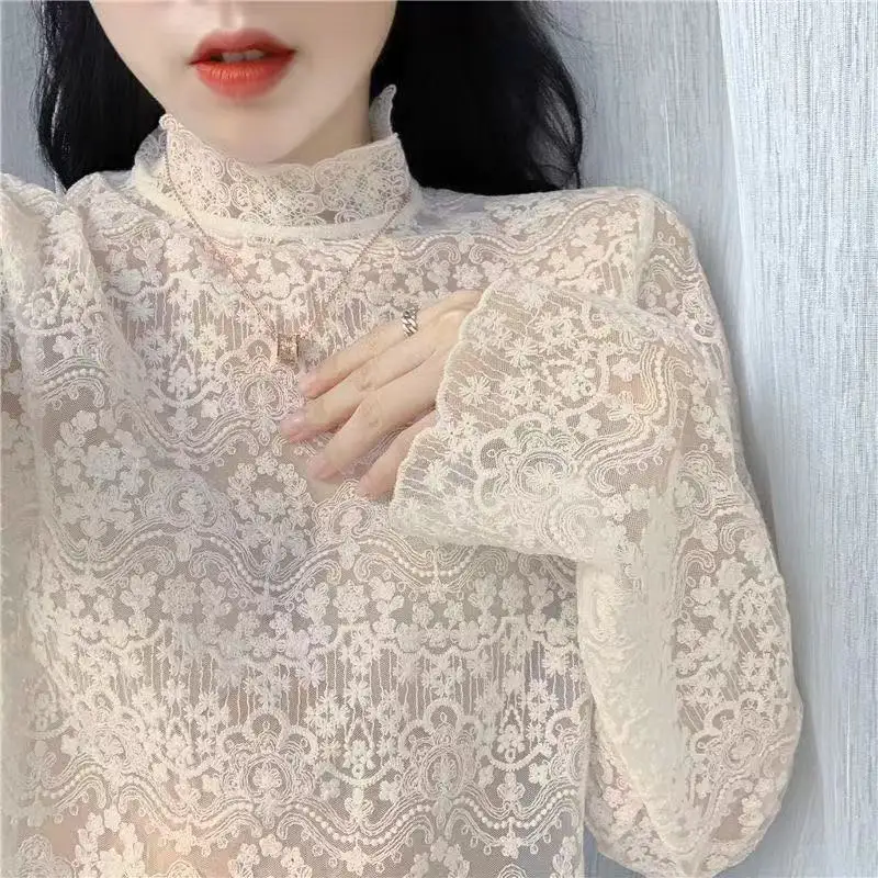 Blouses Women Vintage Lace Mesh Summer Autumn Elegant Simple Ladies Shirts Korean Sexy Flare Sleeve New Fashion Womens Chic Tops