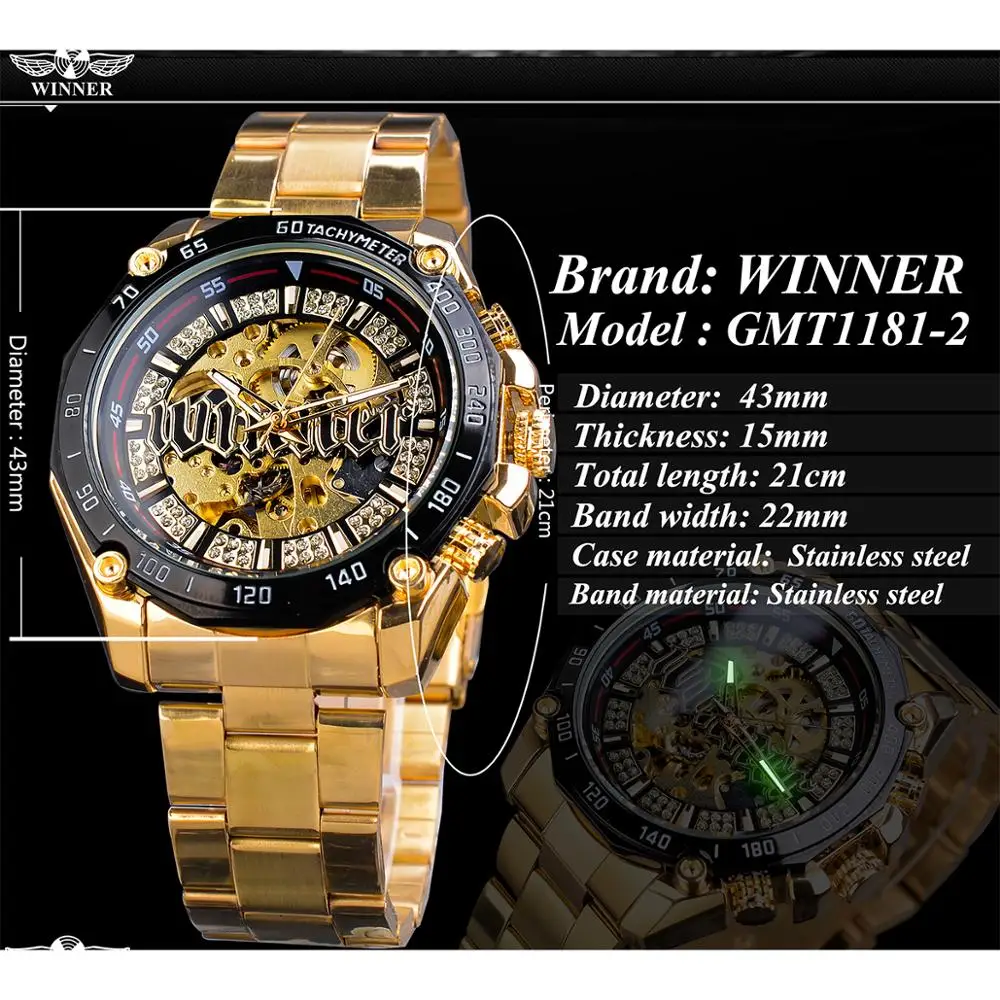 Winner Men Steampunk Fashion Golden Open Work Transparent Men Automatic Skeleton Wristwatch Mechanical Top Brand Luxury Luminous