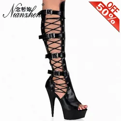Summer New style Hollow Baking paint Platform 15cm Open Toe Super High heeled shoes 6 inches Black Spike heels Thigh high boots