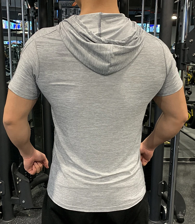 GYM Sport Hooded Running Men T shirt Fitness Slim High Elasticity Breathable Quick Dry Bodybuilding Mens Tshirt Men Tee Tops