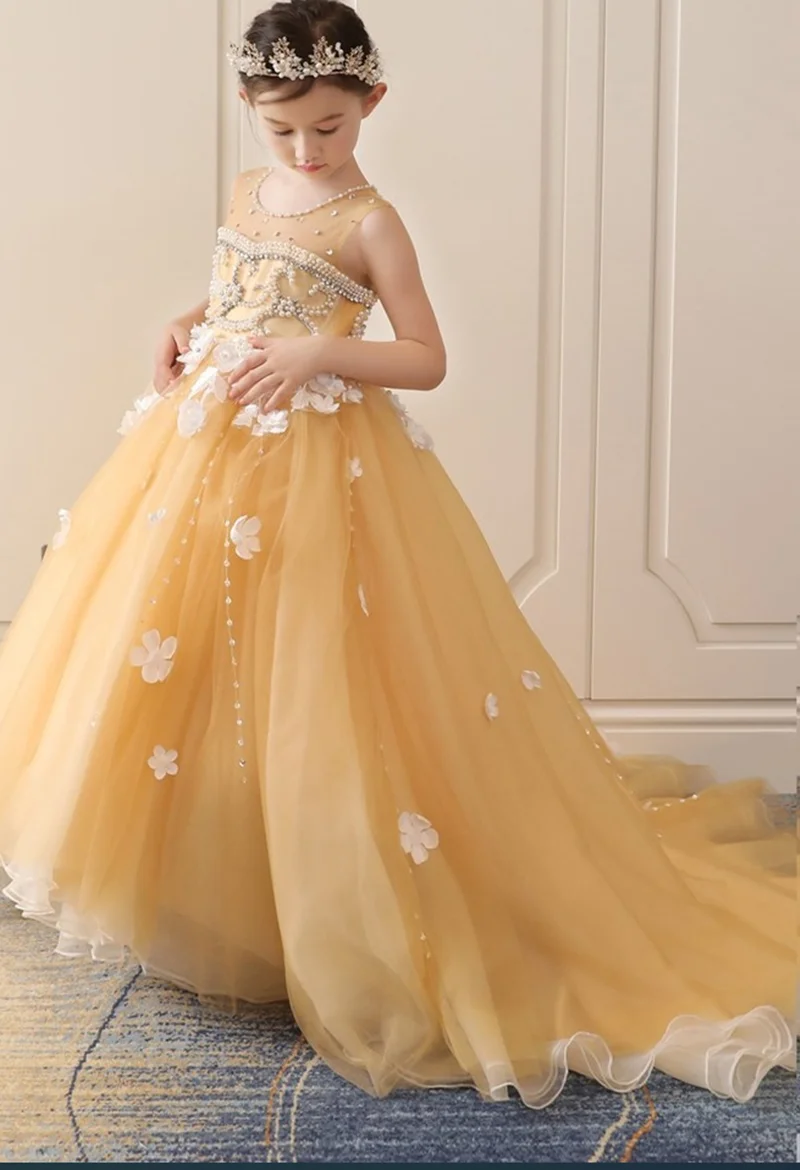 Yellowe Bloem Meisjes Jurken Voor Bruiloft Tulle Bead Lange Meisje Dress Party Kerst Jurk Kinderen Prinses Kostuum Voor Kinderen 12T