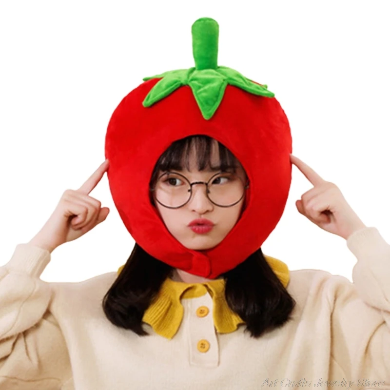 Adult Kids Lovely Tomato Plush Hat Funny Fruit Stuffed Headgear Warm Earflap Performance Cosplay Party My31 21