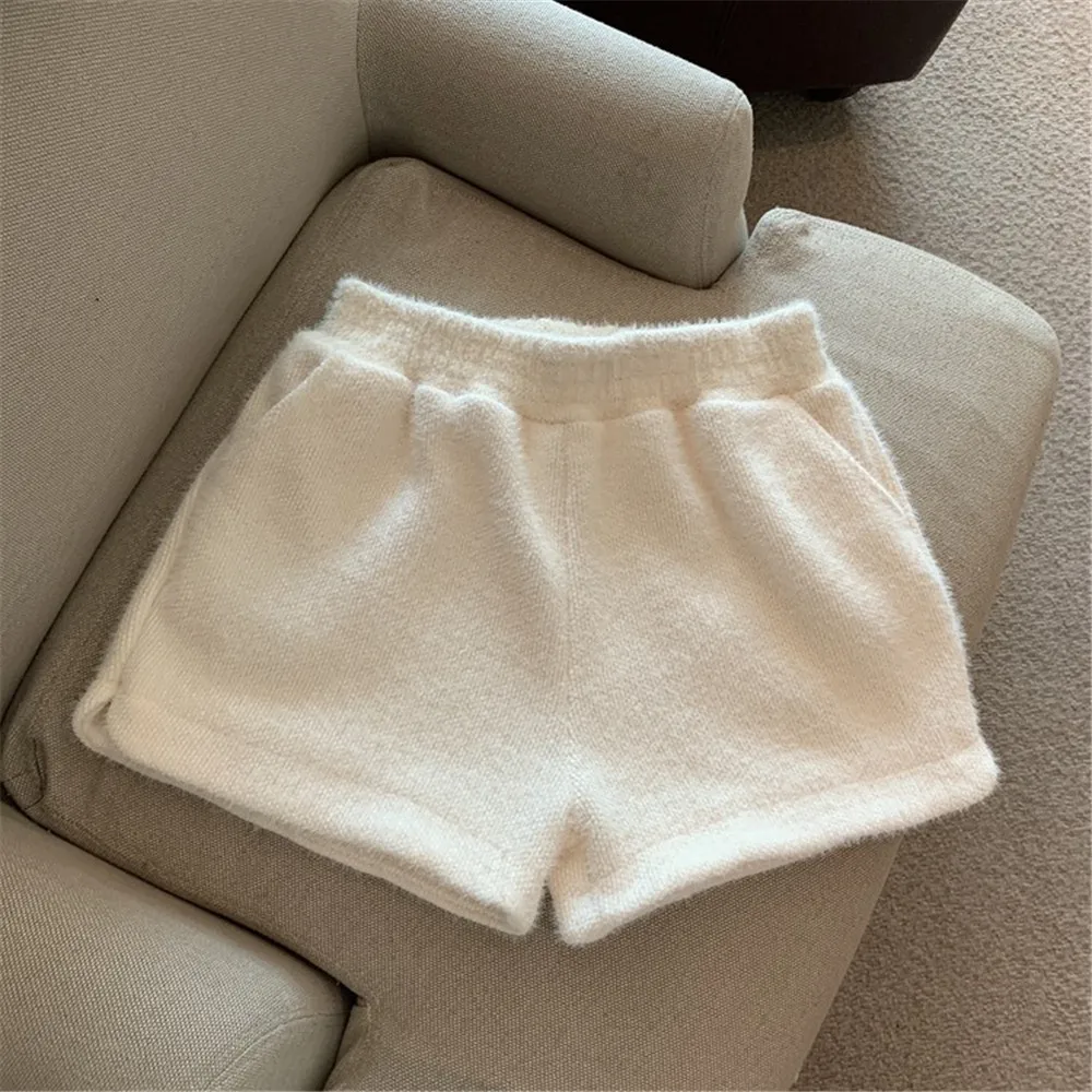 knit shorts autumn and winter women mink fur shorts female loose hot girl a-line wide-leg high waist straight boots shorts