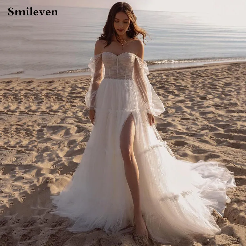 Smileven Ivory Sweetheart Hals Trouwjurk 2021 Off The Shoulder Side Split Bridal Jurken 2021 Bladerdeeg Mouw Bruidsjurken