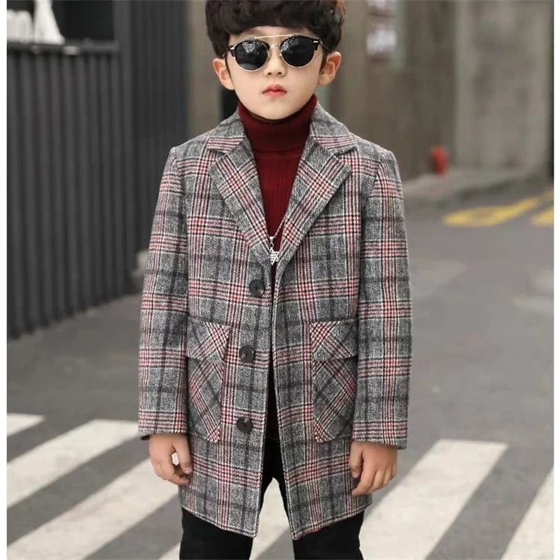 Boy Wool Coat for Autumn & Winter Children\'s Jacket Fashion Turn Collar Plaid Keep Warm Outerwear Teenage Clothes 2021