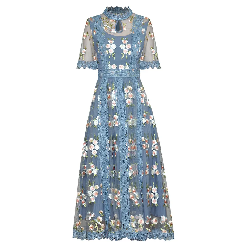

Summer Designer High Quality New Women'S Fashion Unique Party Sexy Casual Elegant Chic Gentlewoman Mesh Embroidery Midi Dress