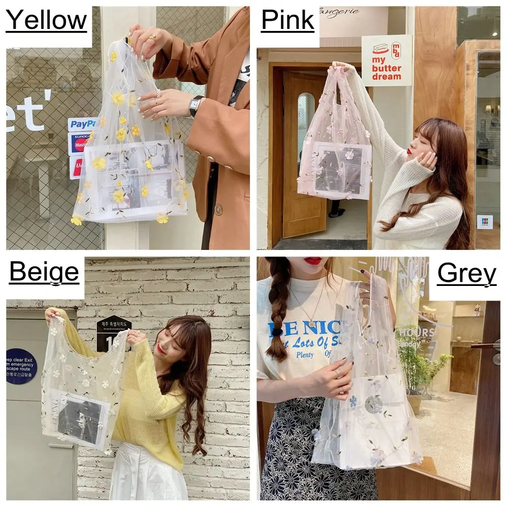 Women Girls Flower Eco Embroidery HandBag Shopping Tote Transparent Mesh Handbags