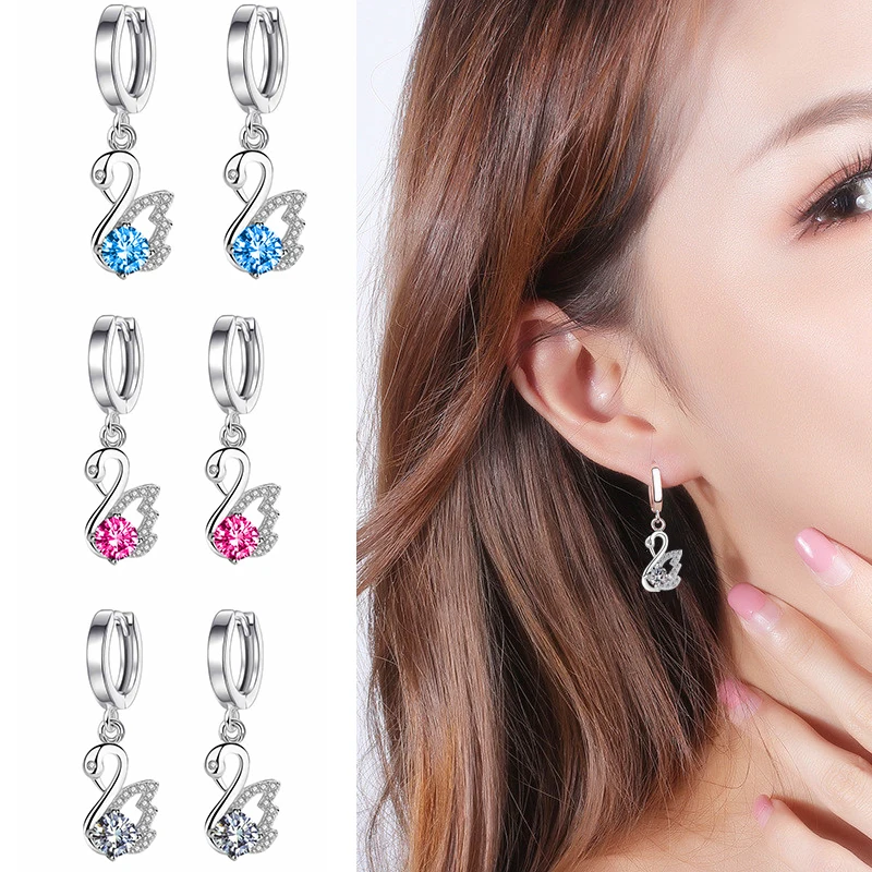 PONYKISS Trendy 925 Sterling Silver Animal Swan Dolphin Colorful Zircon Hoop Earring Buckle for Women Fine Jewelry Drop Shipping