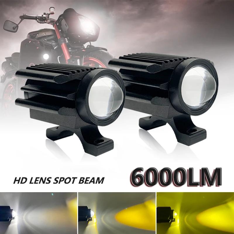 2pcs Motorcycle Spotlight 3 Wires 10V-28V High Low Beam Motorbike LED Headlight Yellow White Dual Color Fog Lamp Driving light