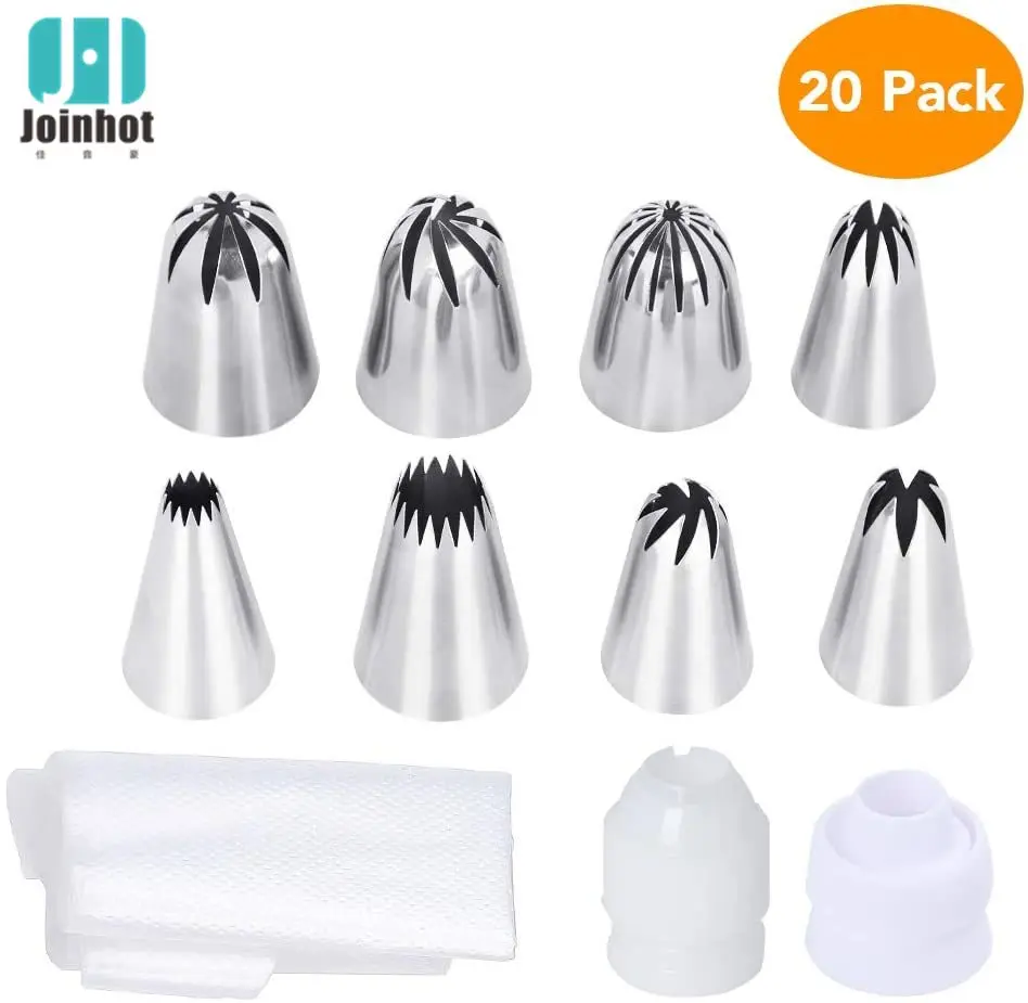 20 Pcs / rose flower russian piping nozzlese icing tips with coupler and pastry bag  Stainless Steel Large Icing Tip