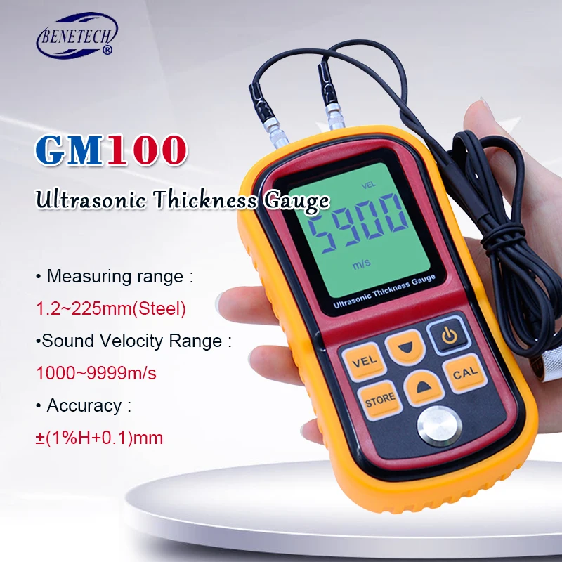 GM100 Ultrasonic Thickness Gauge Metal thickness gauge 1.2-225mm(Steel)Digital LCD display Sound Velocity Meter 0.1mm Resolution