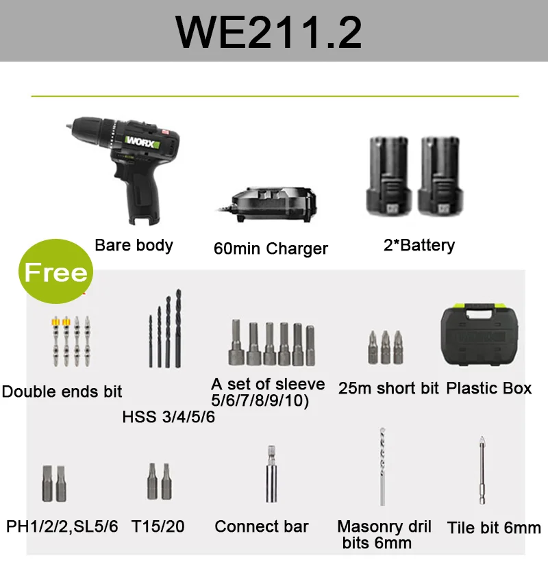 WORX WE211 10 مللي متر 12 فولت بطارية ليثيوم بدون فرشاة تأثير الحفر مفك الحفر الخشب/الخرسانة/الصلب سائق-الصناعة/الحديقة-أدوات