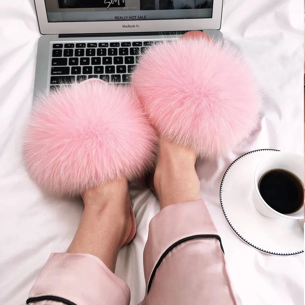 Women\'s Slippers Summer Sandals Real Fox Fur Slides Fluffy Flip Flops Silk Furry Fur Slippers Indoor Fashion Shoes Flat Heels